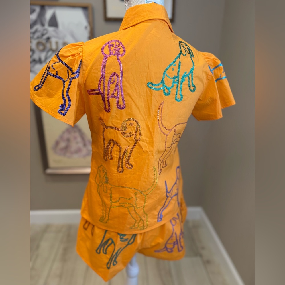 QUEEN OF SPARKLES Orange Sequin Dog Print Shirt and Shorts Set - Picture 6 of 13